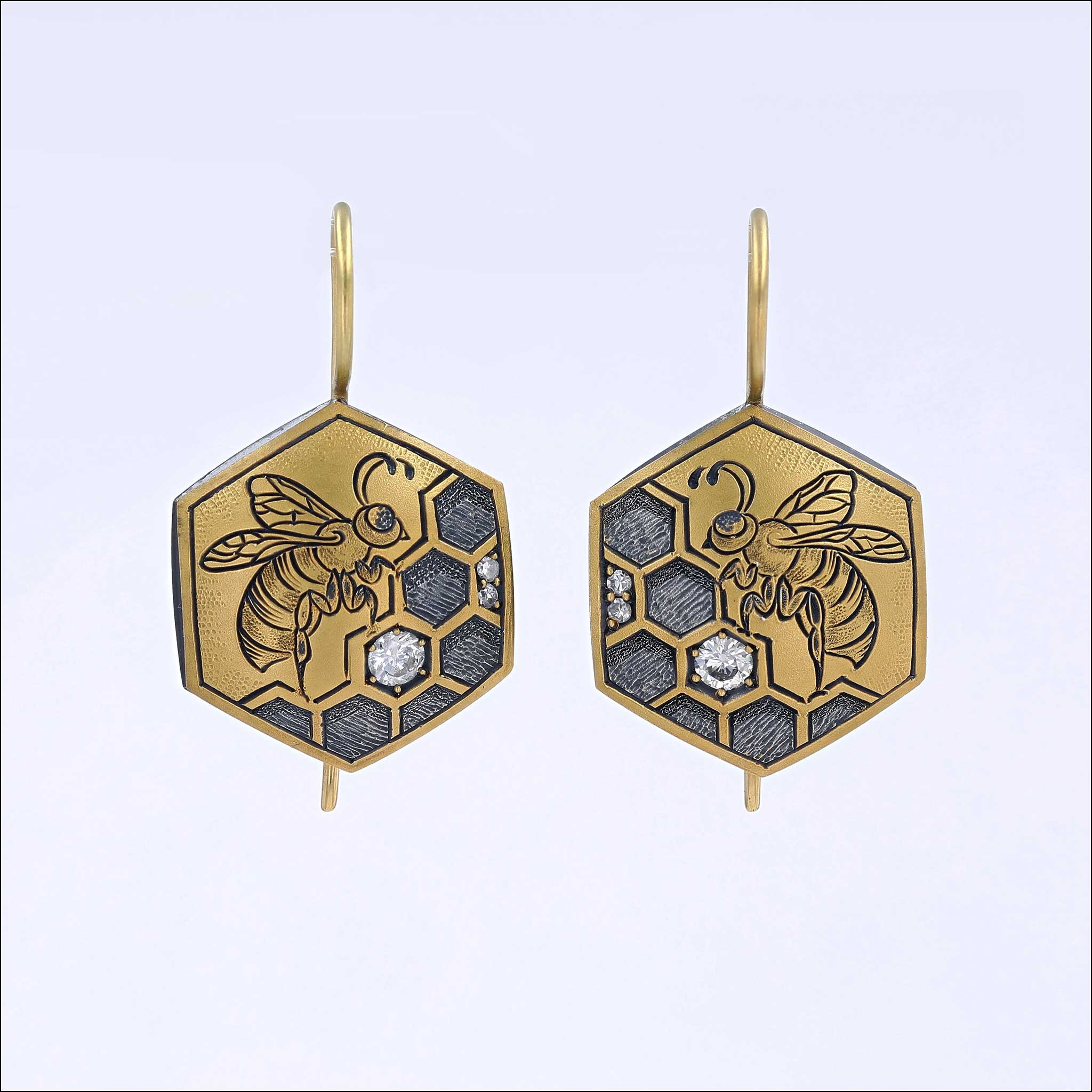 hand engraved bee earrings with family diamonds