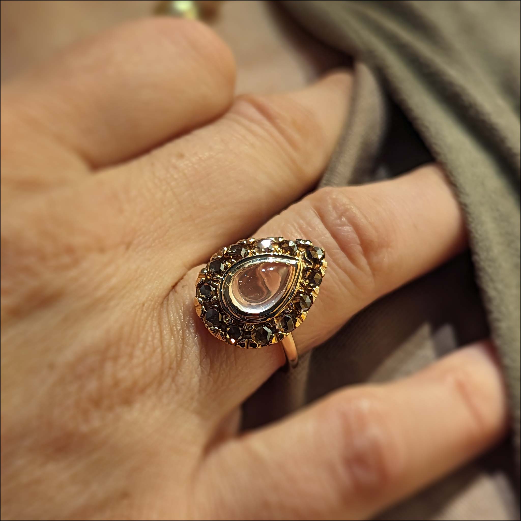 Rose Quartz Cognac Diamond Floating Halo Ring 14K Rose on model