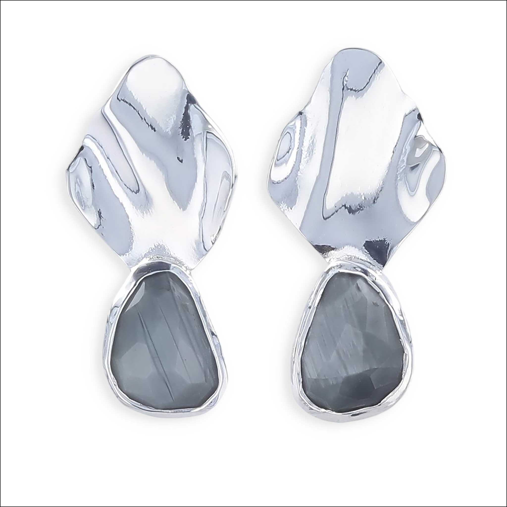 Rose Cut Gray Quartz Wavy Sheet Earrings Sterling Silver, Handcrafted in Durham, NC | Jewelsmith