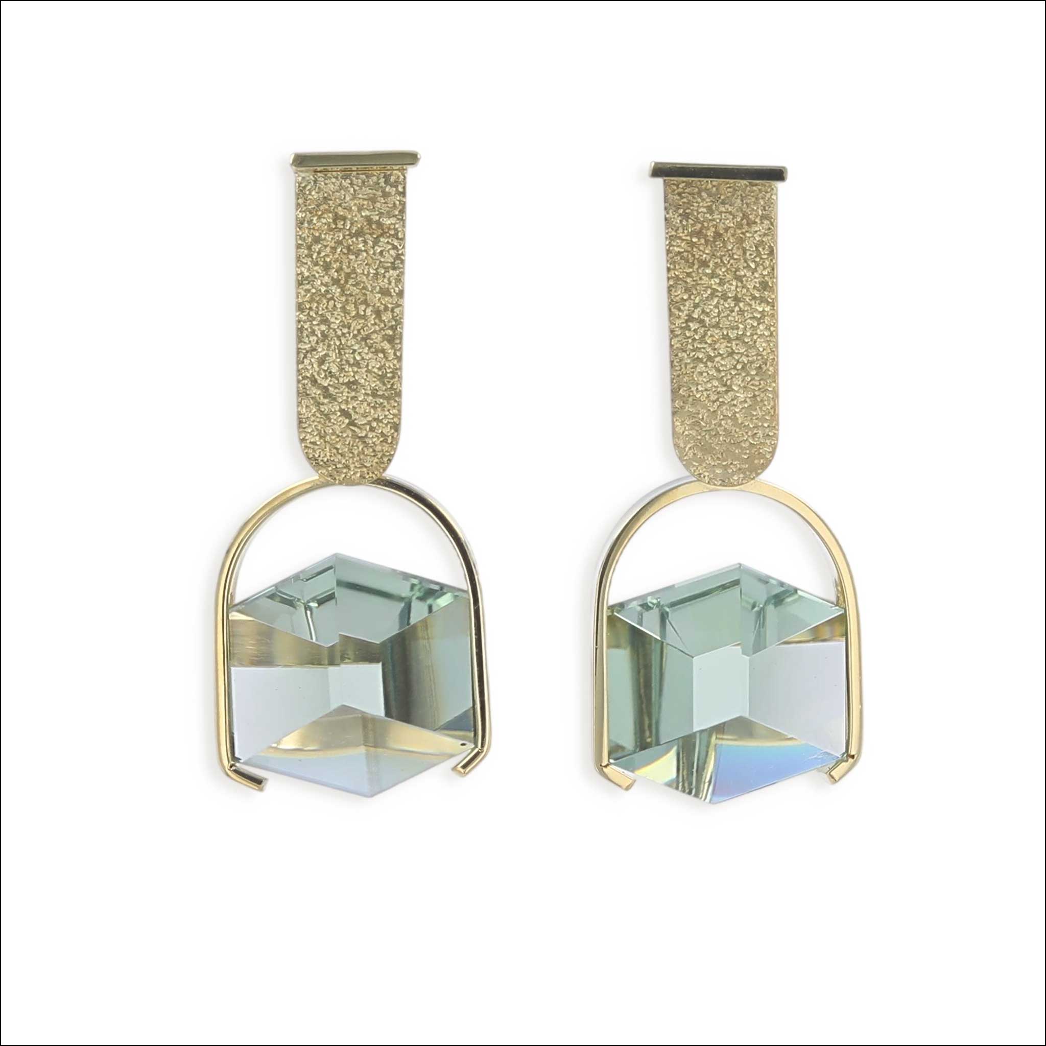 Green Quartz Cube "U" Dangle Earrings 18KY front, handcrafted earrings | Jewelsmith Durham, NC