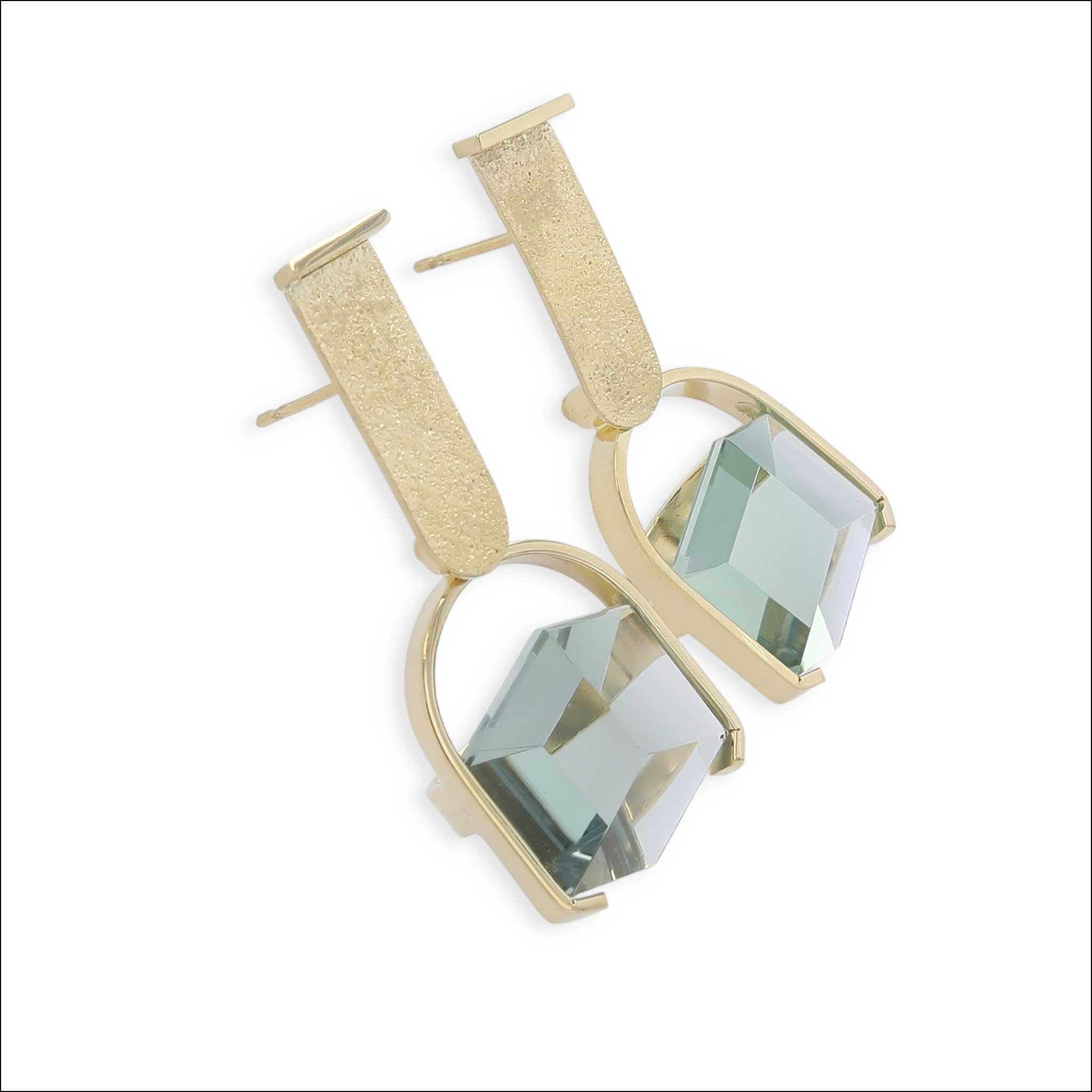 Green Quartz Cube "U" Dangle Earrings 18KY side handcrafted earrings | Jewelsmith Durham, NC