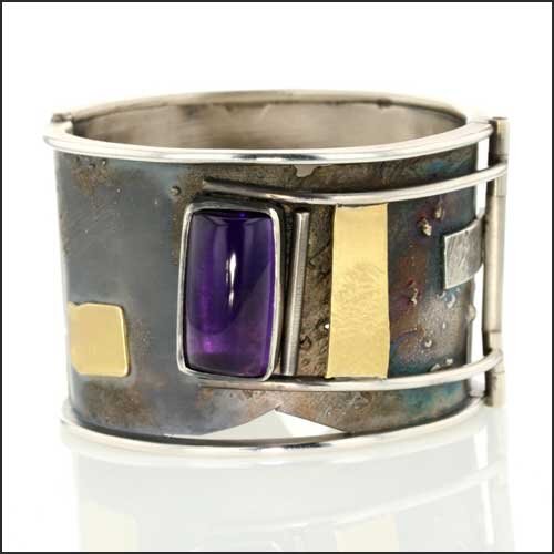 wide hinged bangle bracelet with amethyst
