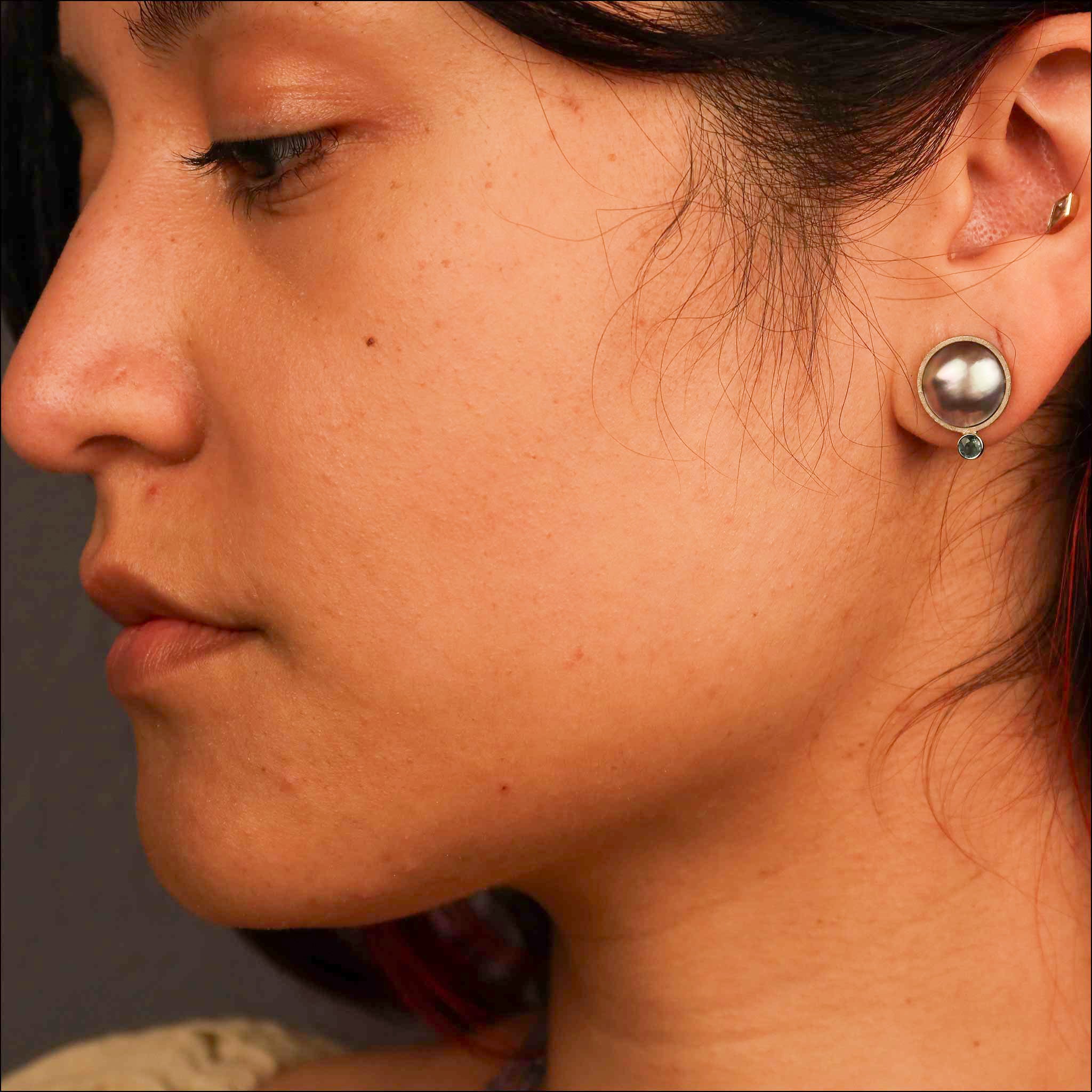 Blue Sea of Cortez Mabe Pearl Tourmaline Stud Earrings 14KW model