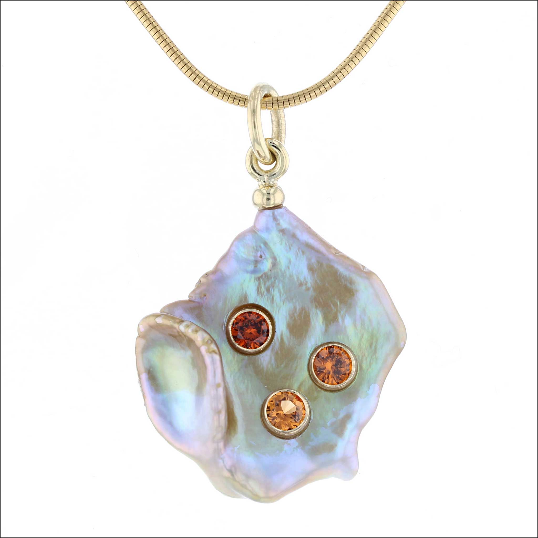 Baroque Iridescent Freshwater Pearl Orange Garnet Pendant 18KY