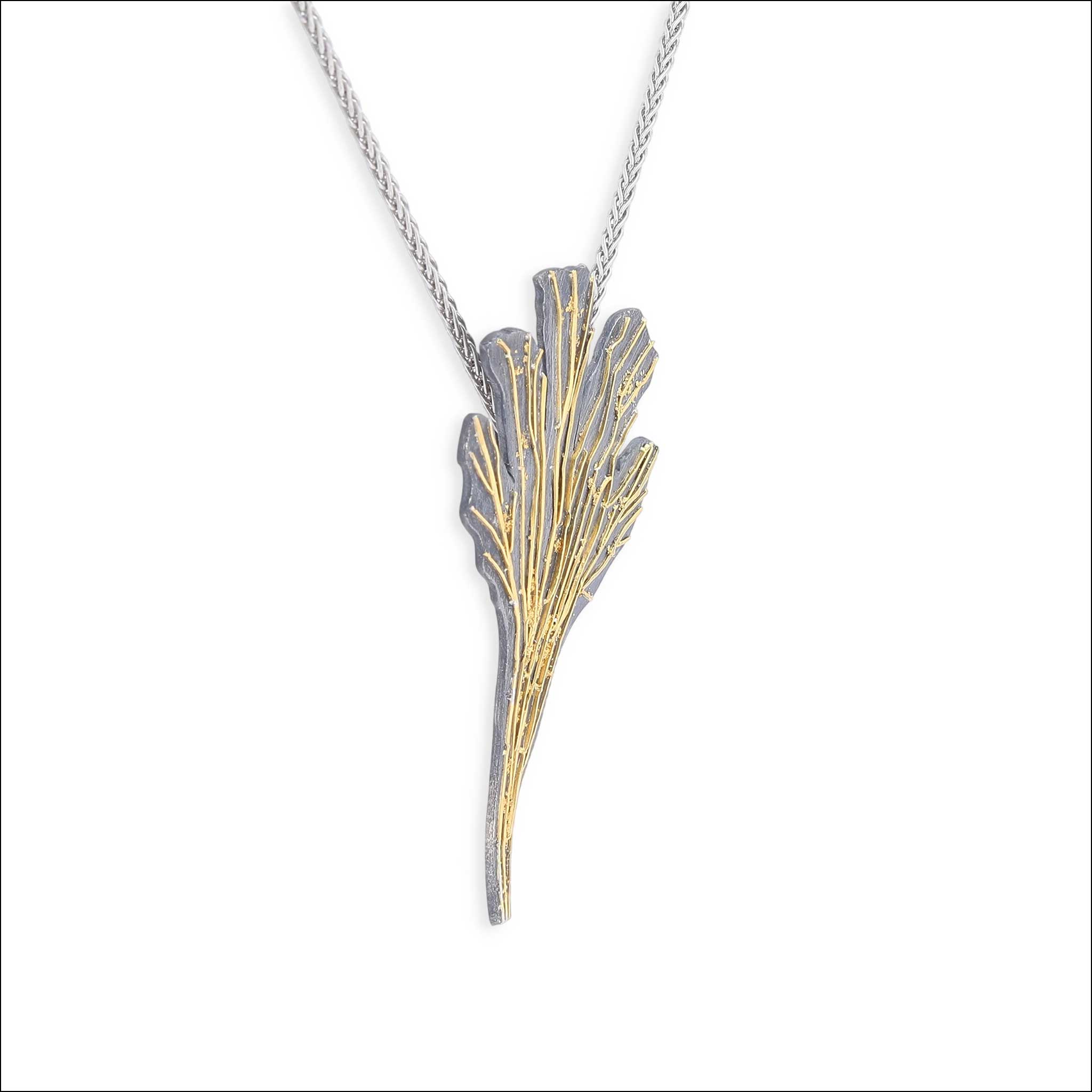 Mystic Vein Fan Shaped Pendant 24KY Sterling Silver side with chain