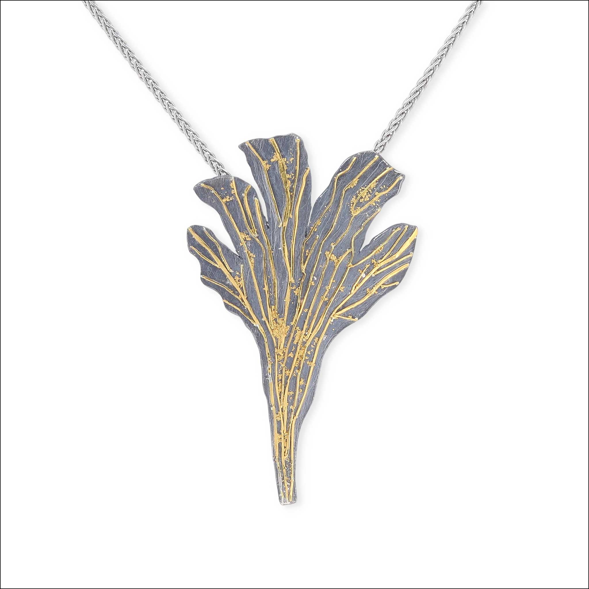 Mystic Vein Fan Shaped Pendant 24KY Sterling Silver front with chain