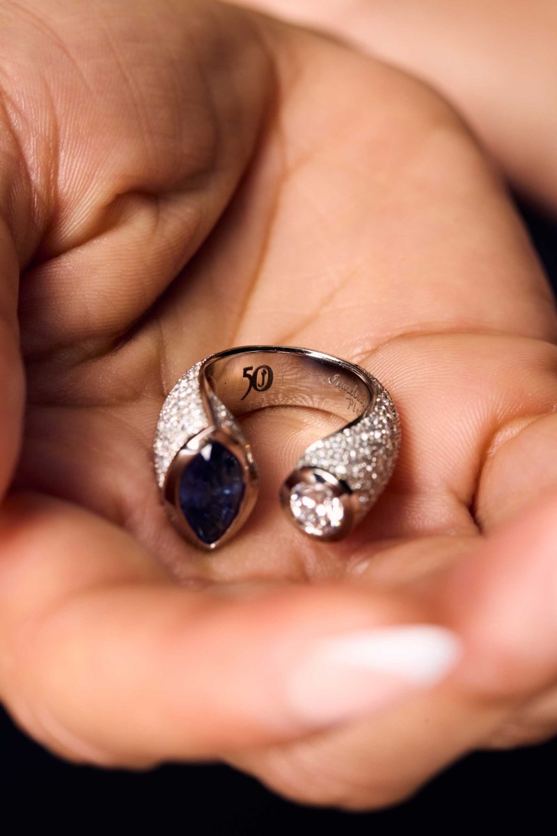 50th Anniversary Marquise Sapphire and Diamond Kissing Ring Platinum - Jewelsmith - Durham NC - Handcrafted - Rings
