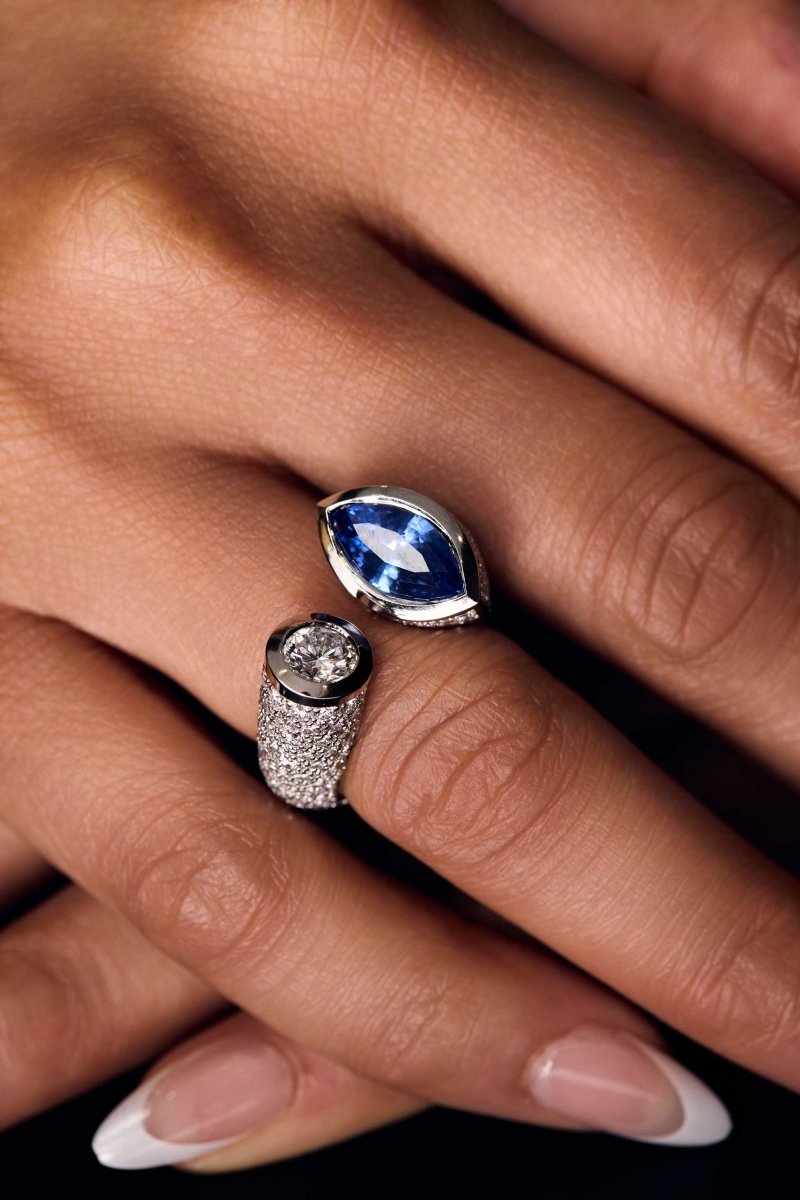 50th Anniversary Marquise Sapphire and Diamond Kissing Ring Platinum - Jewelsmith - Durham NC - Handcrafted - Rings