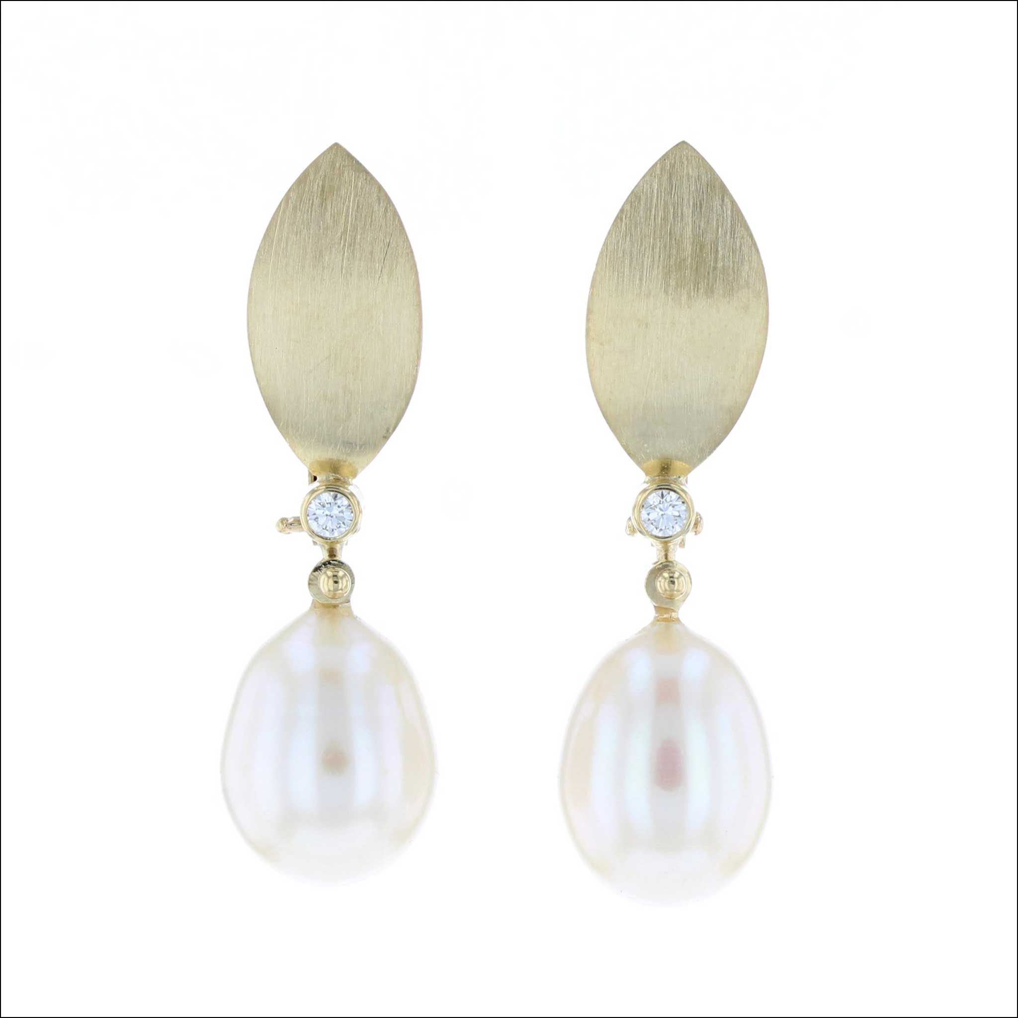 White Freshwater Pearl and Diamond Lever Back Earrings 18KY (Consignment) Jewelsmith - Durham NC - Handcrafted - Earrings