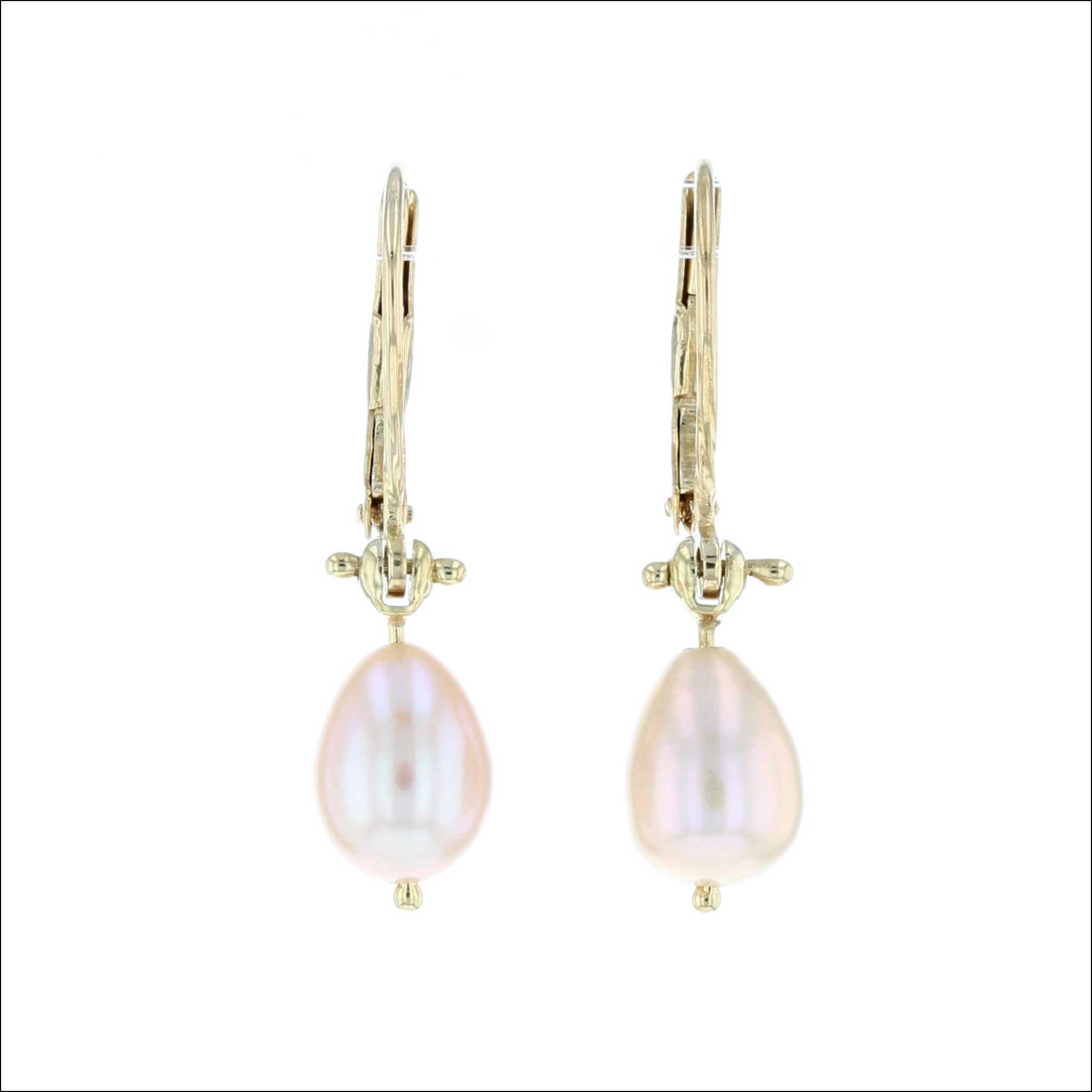 Pink Freshwater Pearl Lever Back Earrings 18KY (Consignment) Jewelsmith - Durham NC - Handcrafted - Earrings