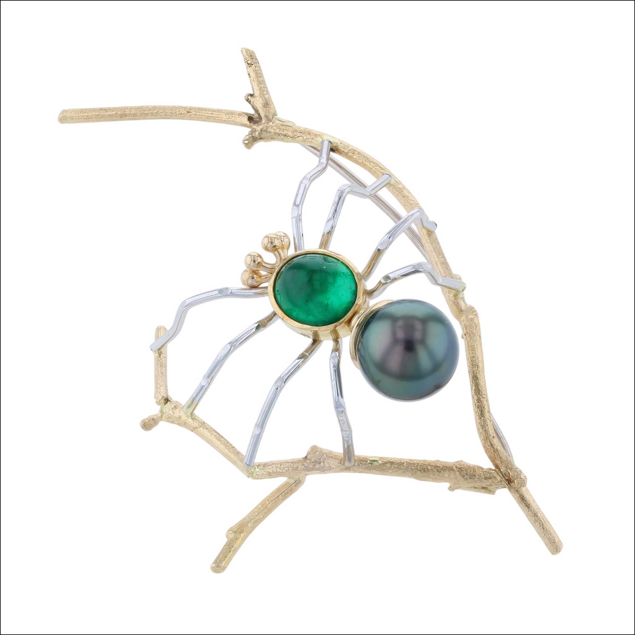 Tahitian Pearl and Emerald Spider Brooch Platinum 18KY (Consignment) Jewelsmith Brooches, handcrafted in Durham, NC