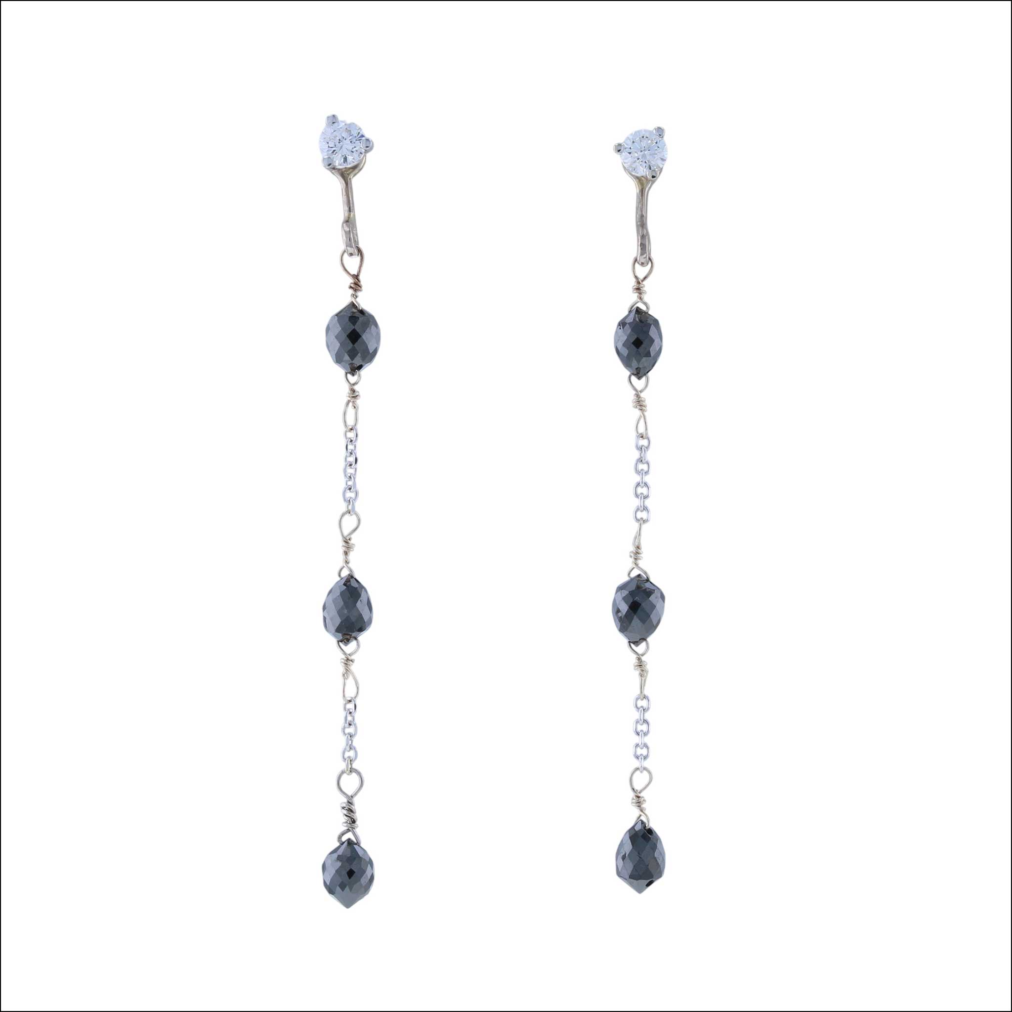 Black Diamond Briolette Earring Jackets 18KW (Consignment) handcrafted earring jackets, Jewelsmith Durham, NC. Shown with diamond studs sold separately.