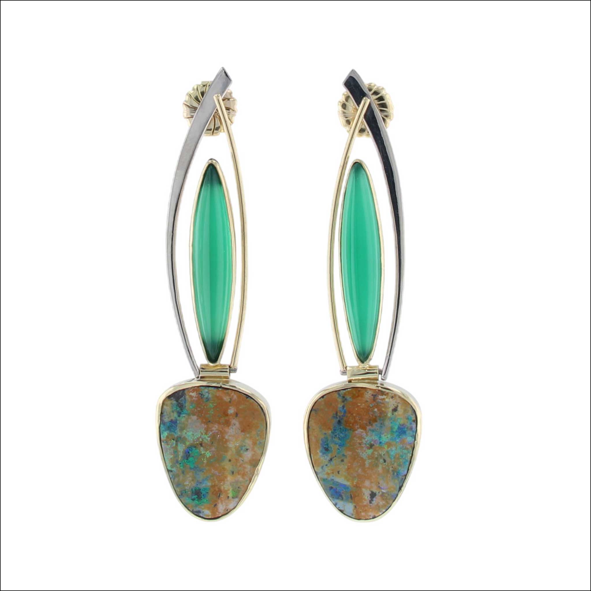 Boulder Opal Chalcedony Swinging Earrings 18KY 18KW (Consignment) Handcrafted Earrings, Jewelsmith NC