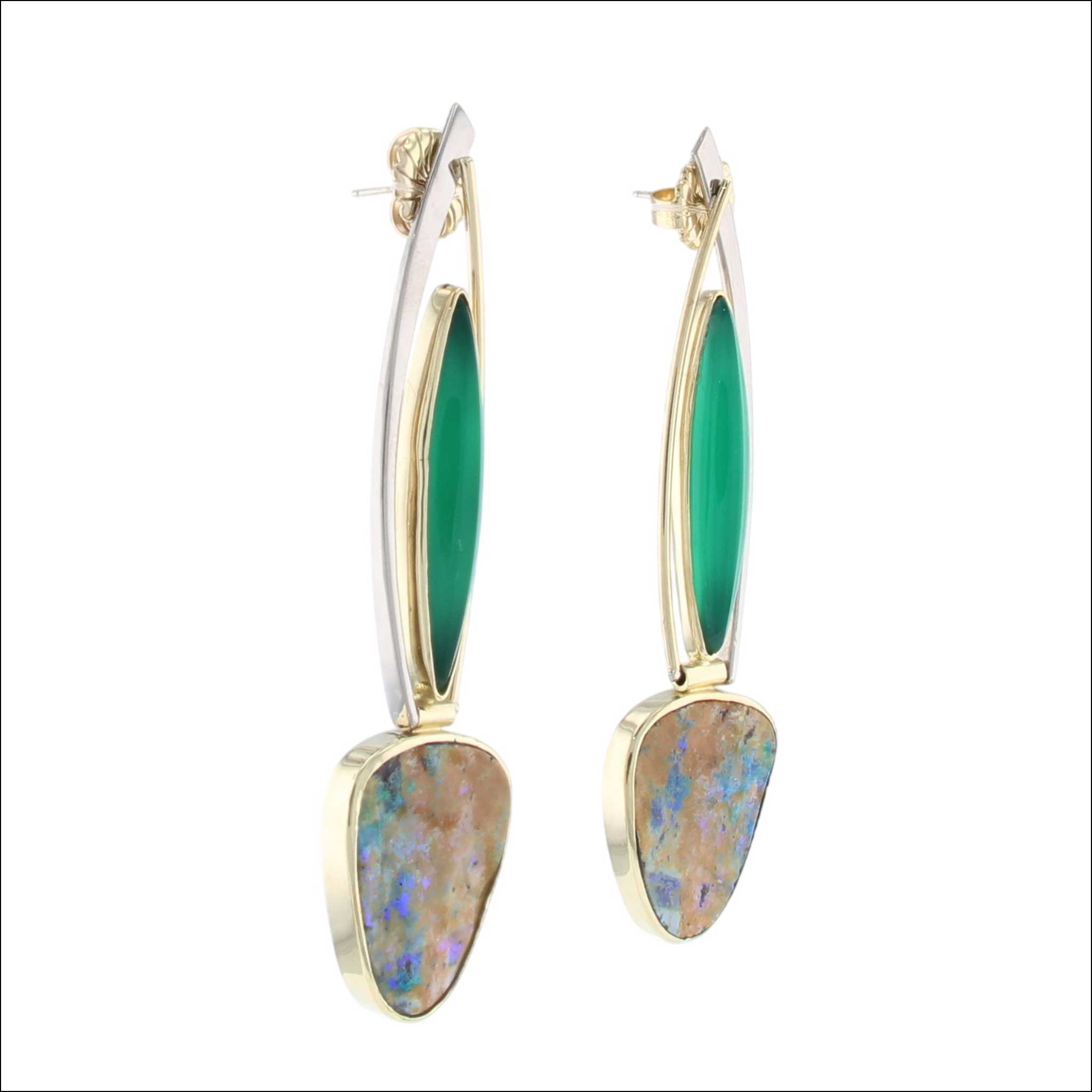 Boulder Opal Chalcedony Swinging Earrings 18KY 18KW (Consignment) side view Handcrafted Earrings, Jewelsmith NC
