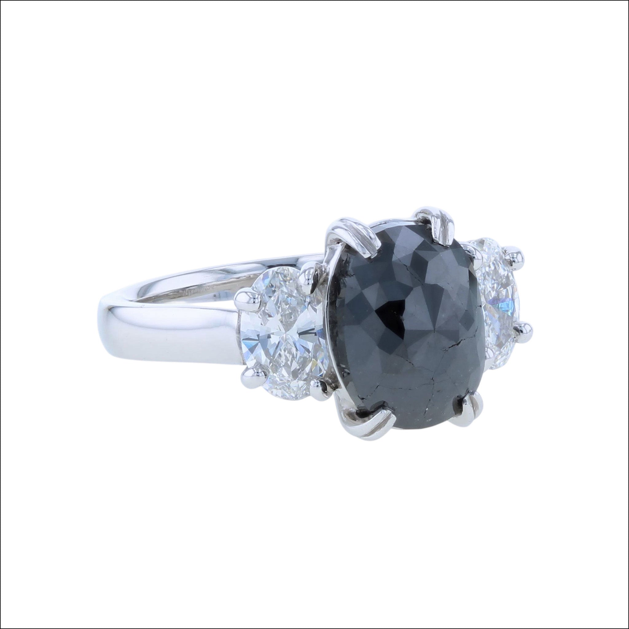 Black Rose Cut Oval and White Oval Diamond Ring Platinum (Consignment) side, handcrafted rings | Jewelsmith, Durham, NC