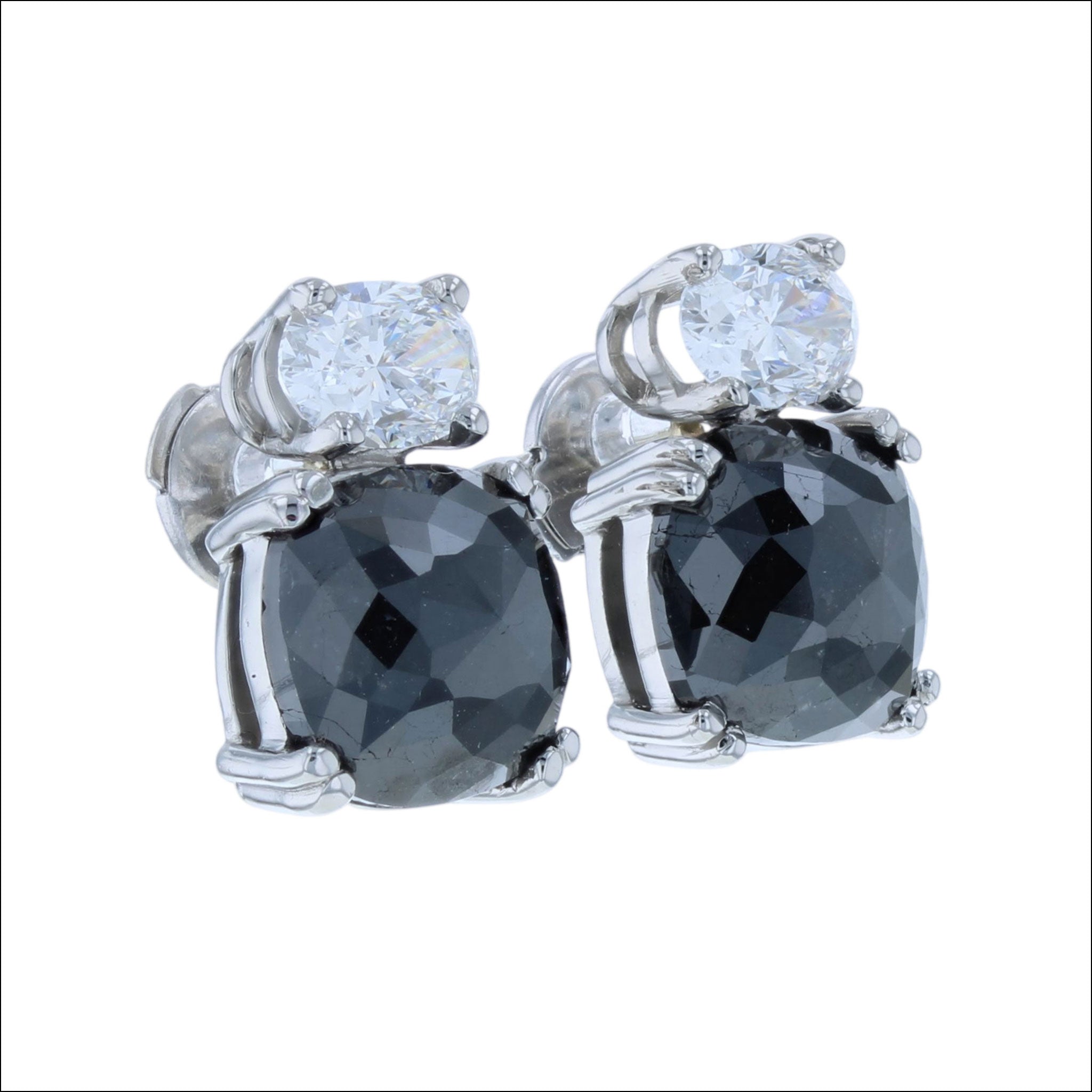 Rose Cut Black Diamond and Oval White Diamond Earrings Platinum (Consignment), side, handcrafted earrings | Jewelsmith, Durham, NC