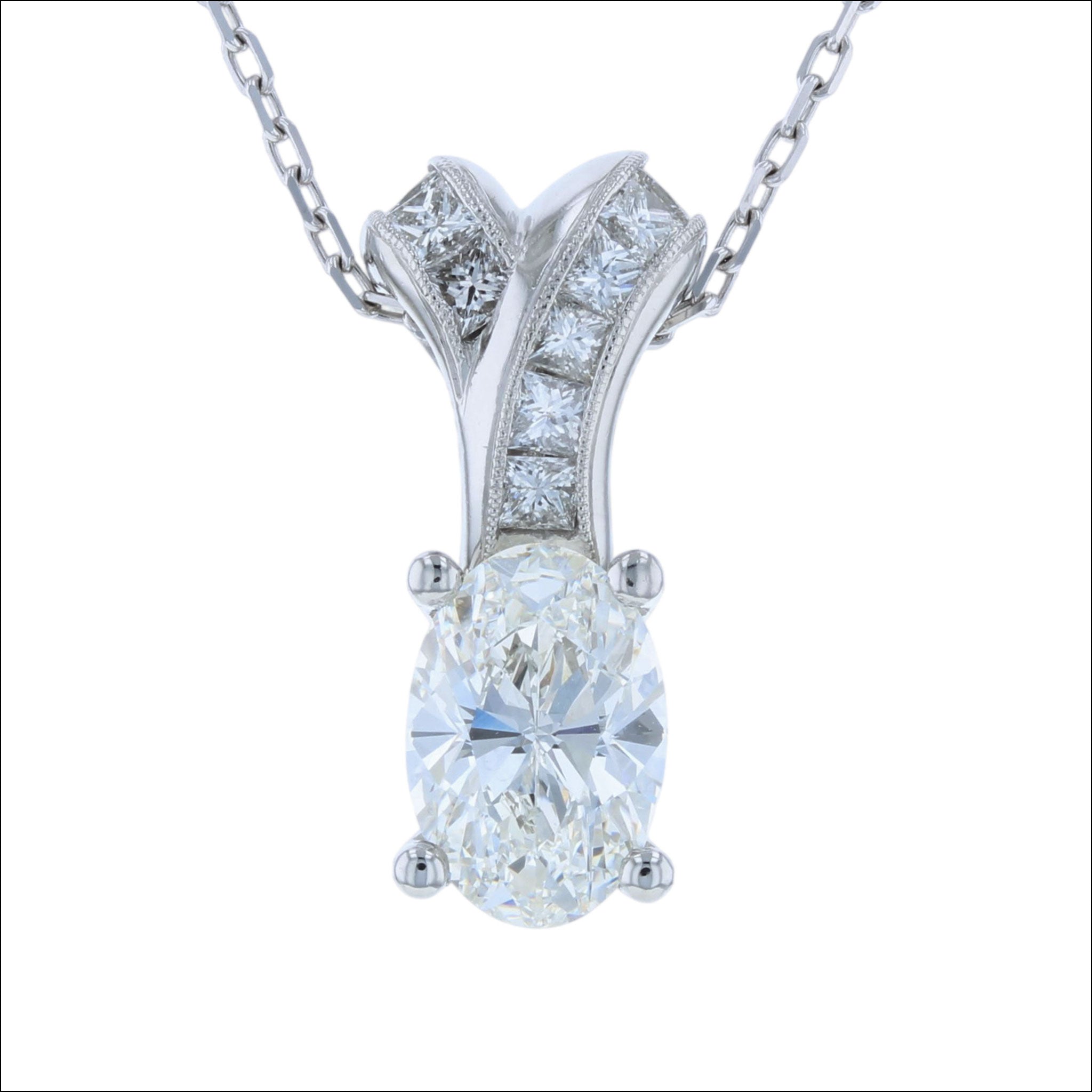 Oval Diamond and Princess Cut Diamond Pendant Platinum (Consignment) handcrafted pendants | Jewelsmith, Durham, NC