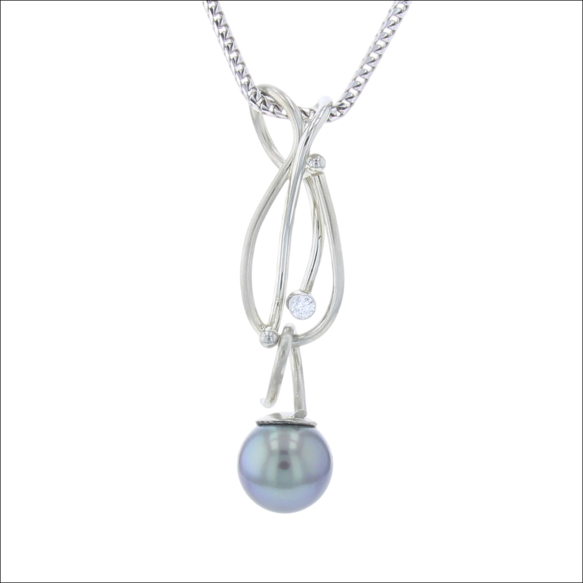 Diamond Pendant with Interchangeable Pearl Drops 18KW (Consignment) with dark gray Tahitian pearl, handcrafted pendants | Jewelsmith, Durham, NC