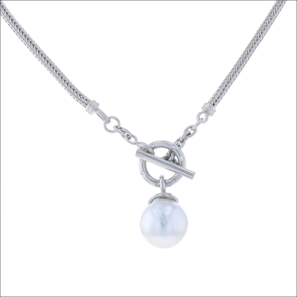Woven Chain with Diamond Toggle and South Sea Pearl Drop Necklace Platinum 18" (Consignment) detail, handcrafted necklaces | Jewelsmith, Durham, NC