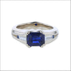 Horizontal Emerald Cut Sapphire with Baguette Diamond and Round Sapphires Plat (Consignment) top, handcrafted rings, Jewelsmith, Durham, NC