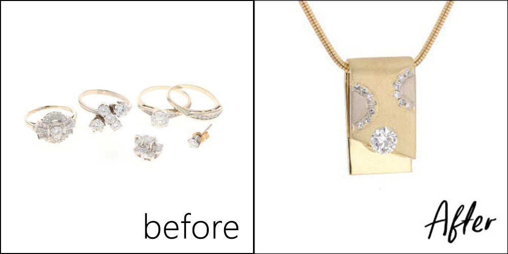 before: assorted rings and earrings, after: diamond foldover pendant