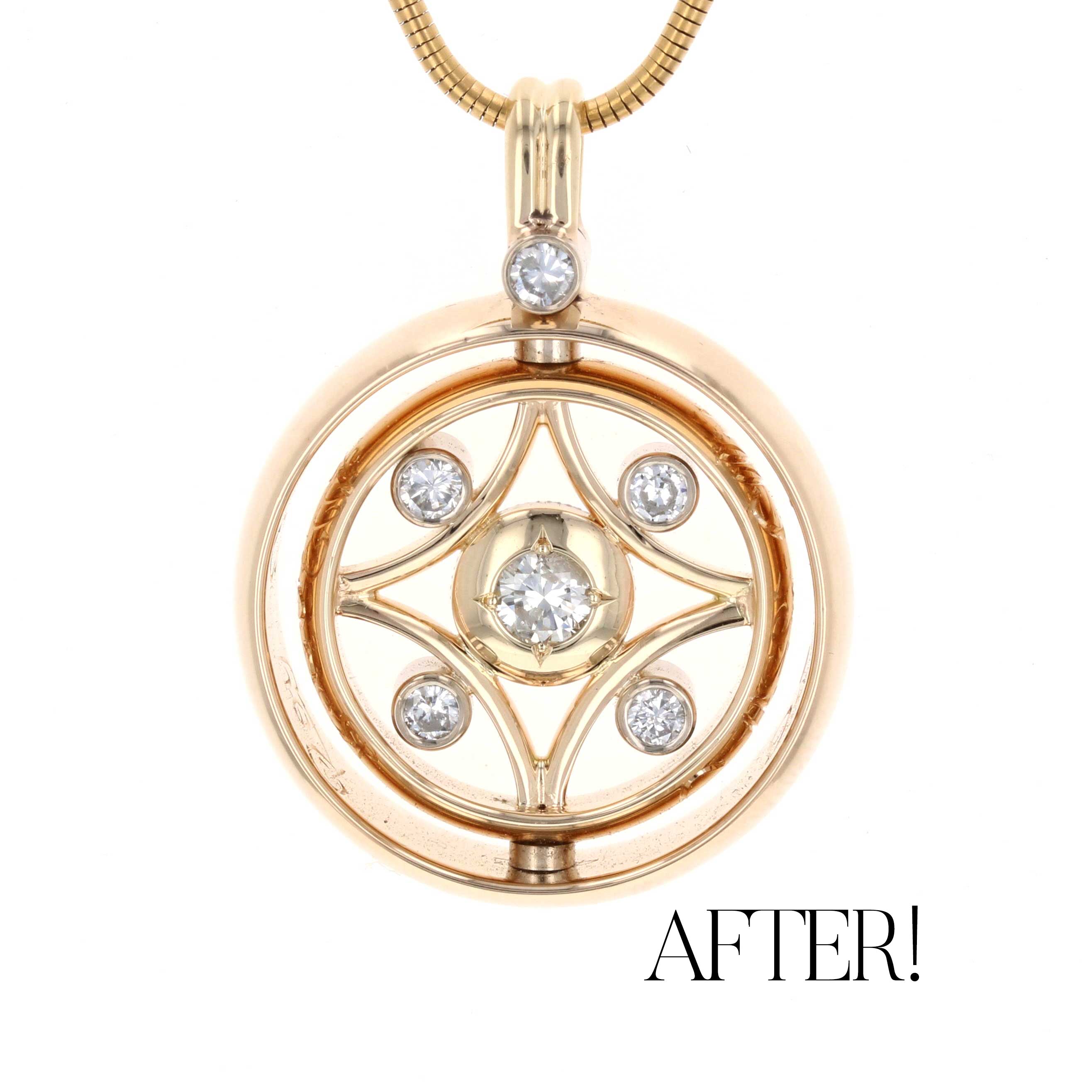 pendant created from clients family wedding bands and other jewelry
