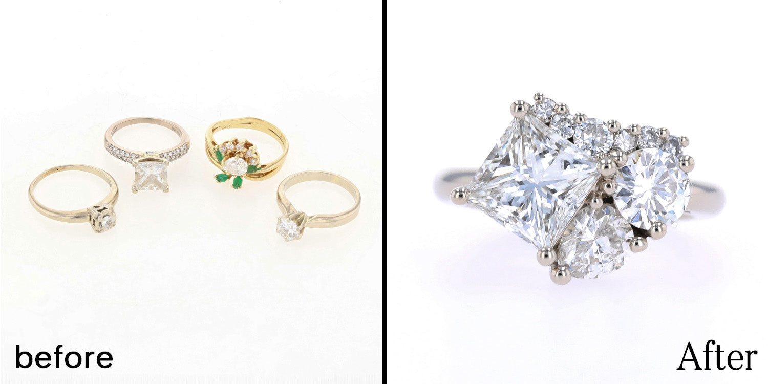 old jewelry before and new engagement ring after