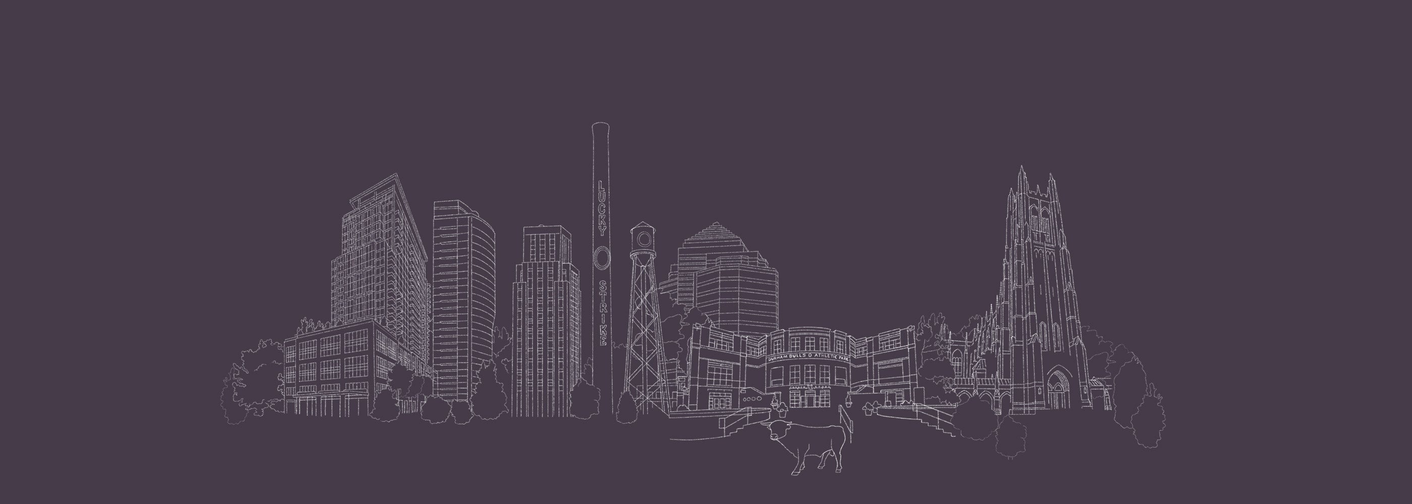 Hand drawn iconic Durham buildings and landmarks on purple background