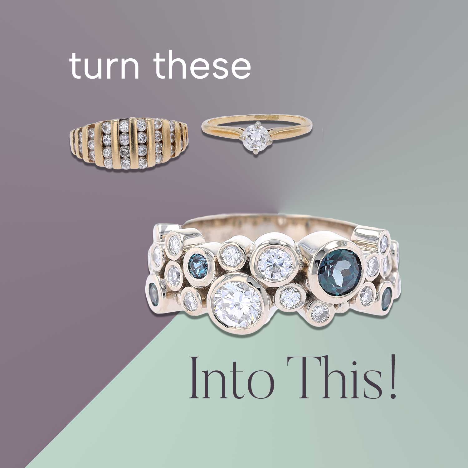 before and after: solitaire and diamond band transformed into bubble bezel ring in Durham, NC