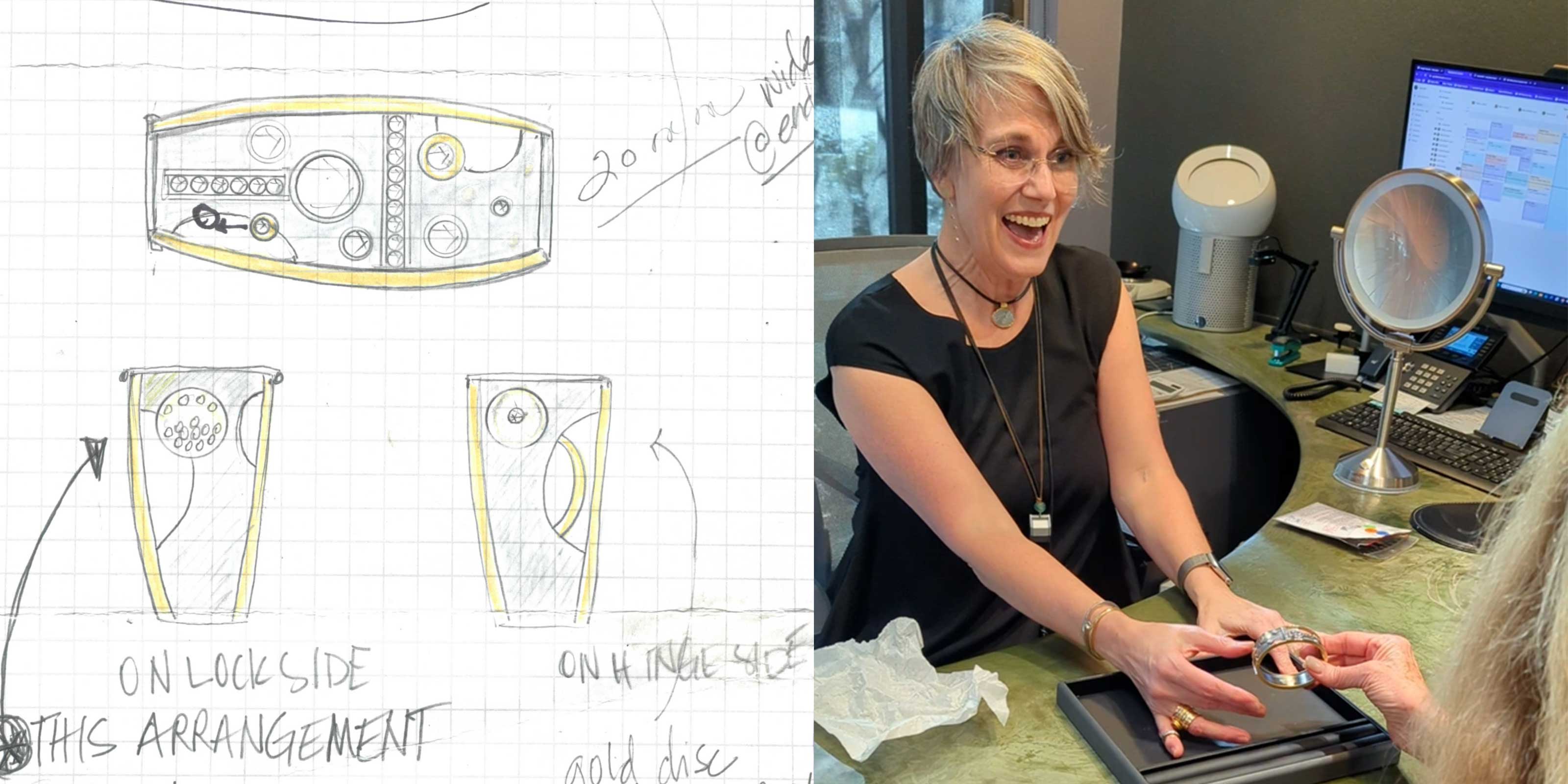 left side-sketches of bracelet design, right side-delivering finished custom bracelet to client