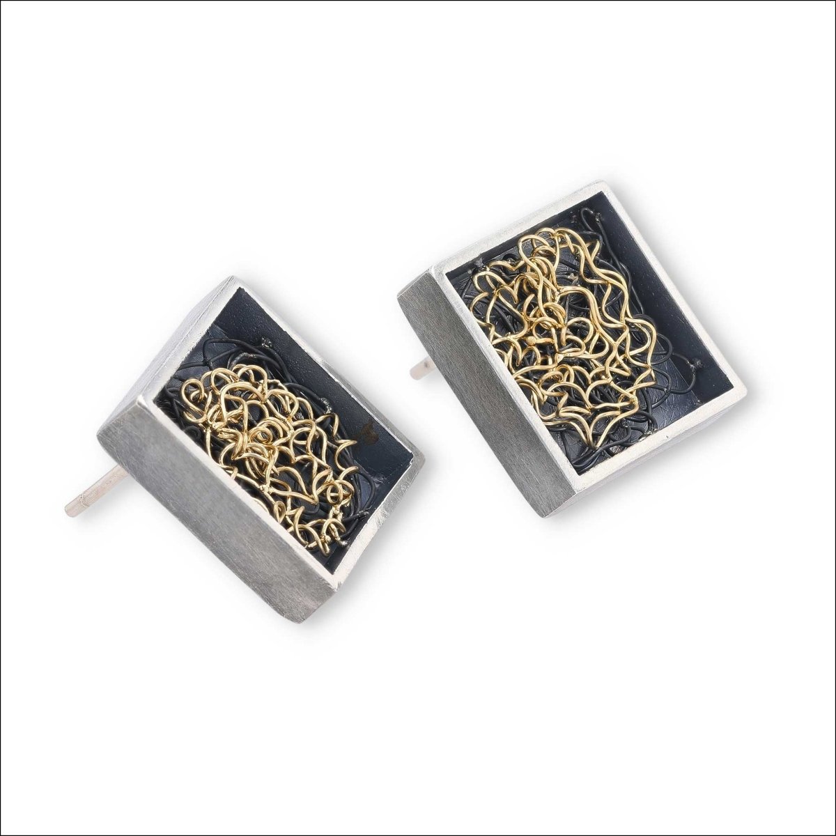 Abstract Wire Square Squiggle Stud Earrings Sterling Silver 18KY - JewelsmithEarrings