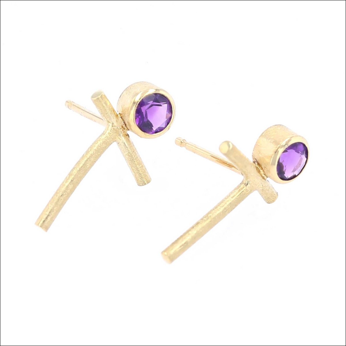 Amethyst Cross Twig Earring Studs 18KY - JewelsmithEarrings
