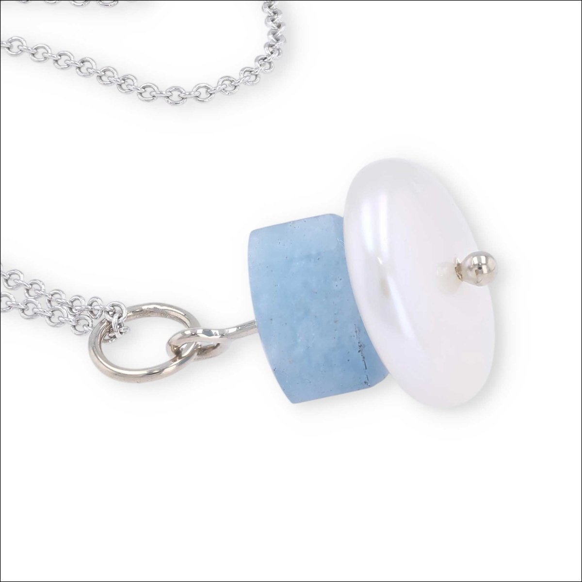 Aquamarine Bead Coin Pearl Pendant 14KW - JewelsmithPendants