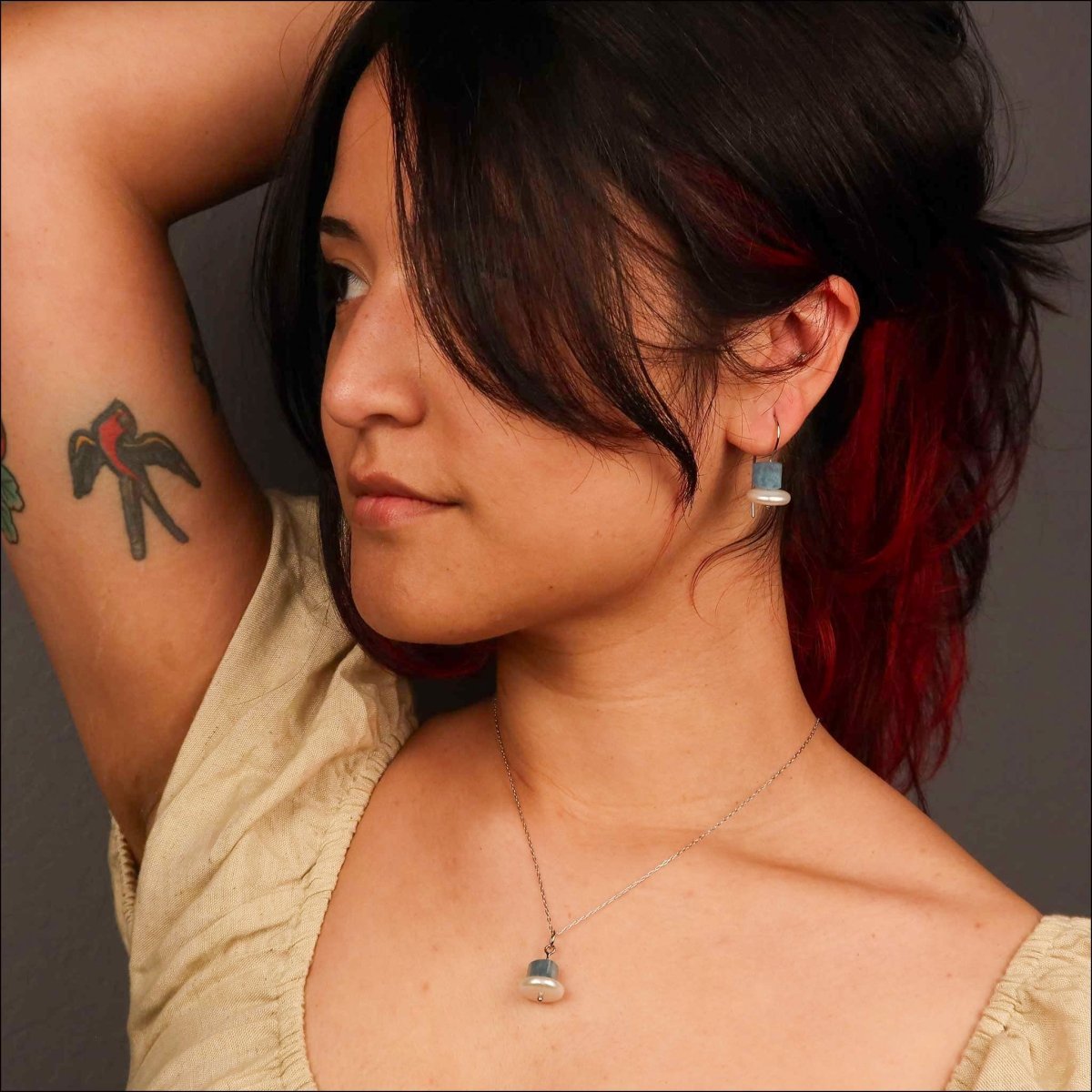 Aquamarine Bead Freshwater Coin Pearl Wire Earrings 14KW - JewelsmithEarrings