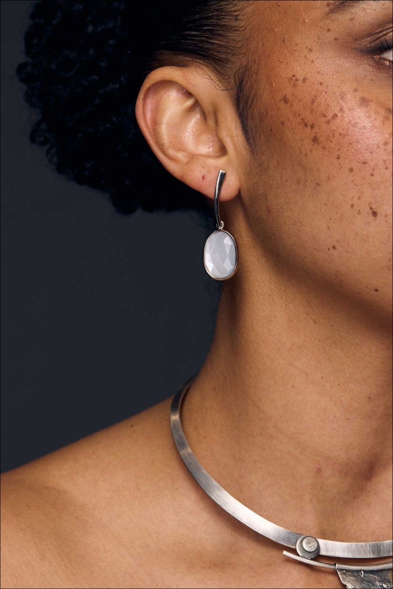 Asymmetrical Rose Cut Moonstone Forged Dangle Earrings 14KW - Jewelsmith - Durham NC - Handcrafted - Earrings