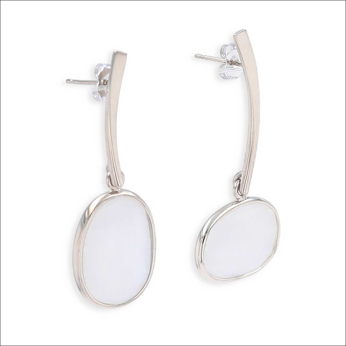 Asymmetrical Rose Cut Moonstone Forged Dangle Earrings 14KW - Jewelsmith - Durham NC - Handcrafted - Earrings