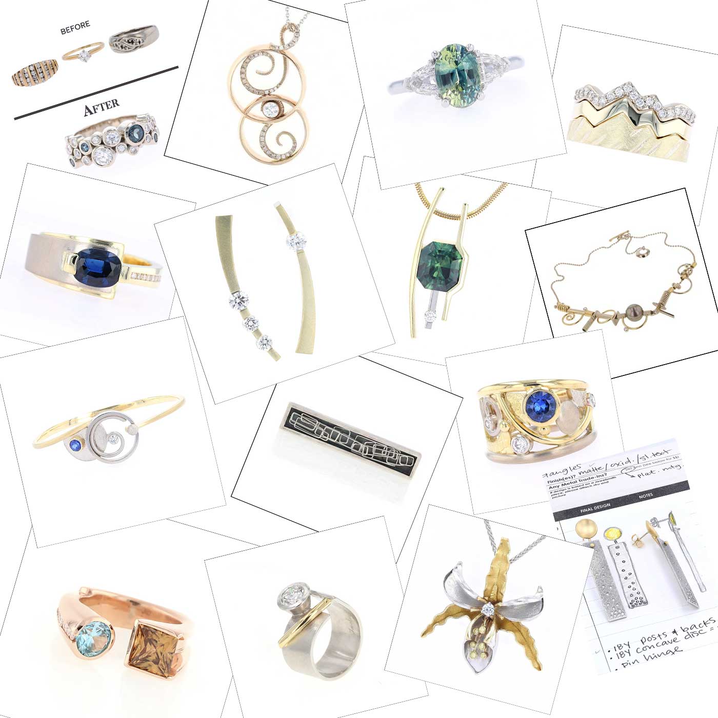 Collage of various jewelry pieces including rings and bracelets on a white background. Jewelsmith Durham, NC