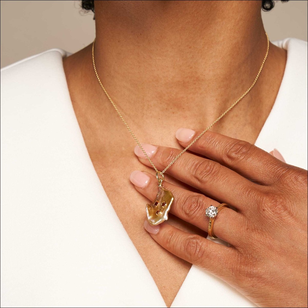 Baroque Iridescent Freshwater Pearl Orange Garnet Pendant 18KY - JewelsmithPendants