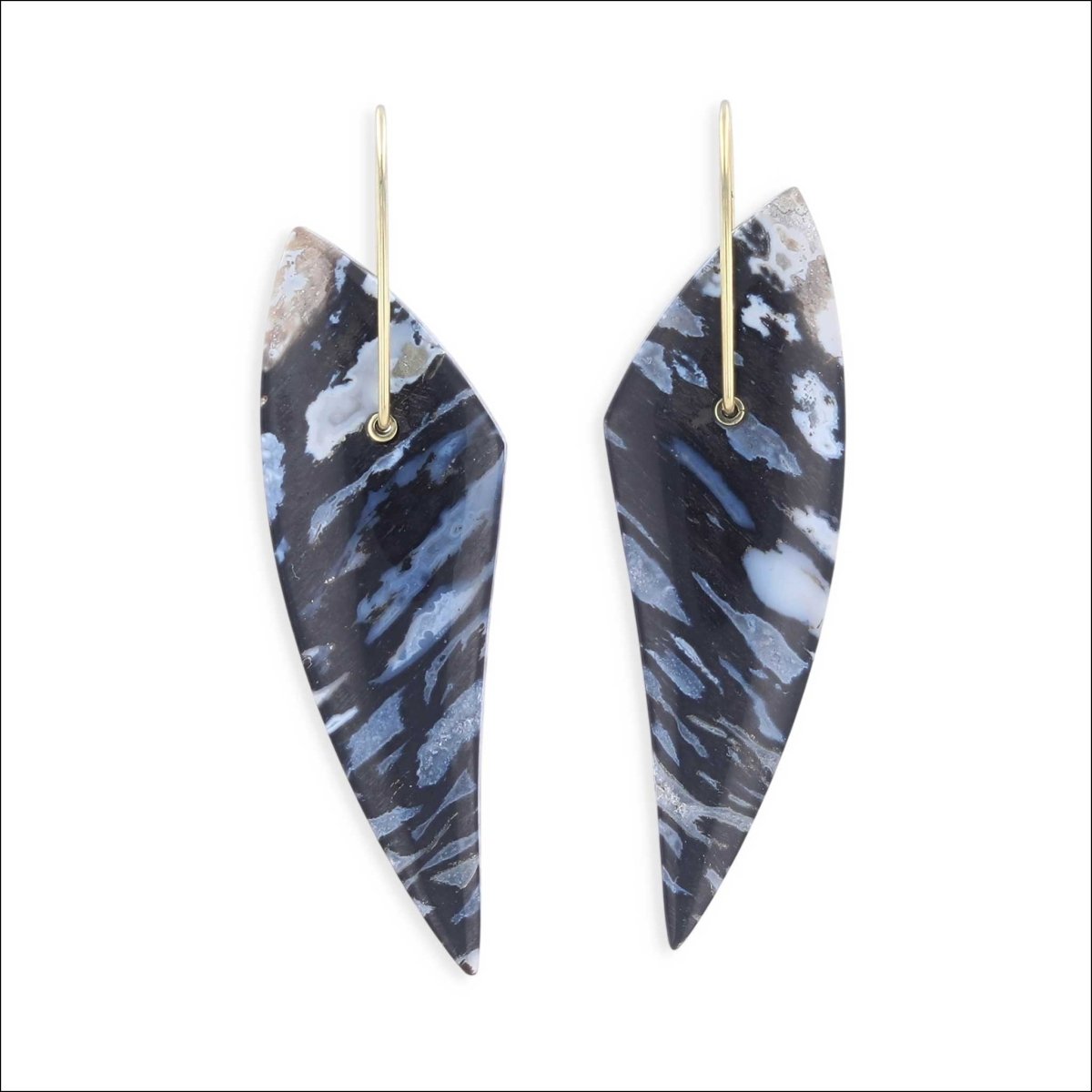 Black and White Shield Shaped Fossilized Palm Dangle Earrings 18KY - Jewelsmith - Durham NC - Handcrafted - Earrings