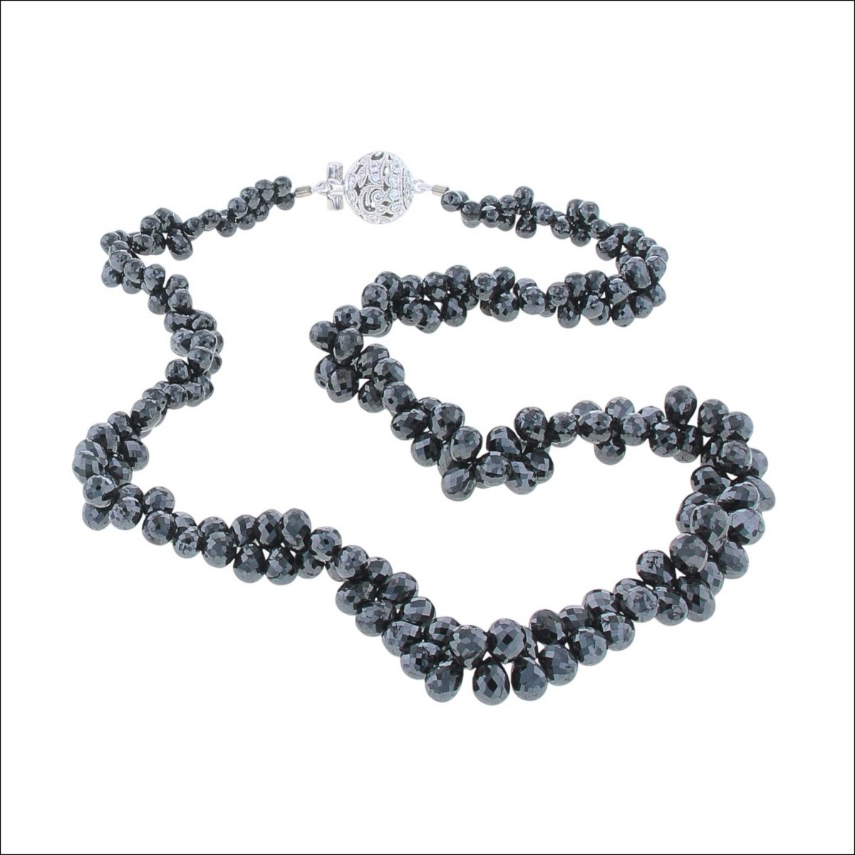 Black Diamond Briolette Bead Strand Necklace with Diamond Filigree Ball Clasp 14KW 18" (Consignment) - Jewelsmith - Durham NC - Handcrafted - Necklaces
