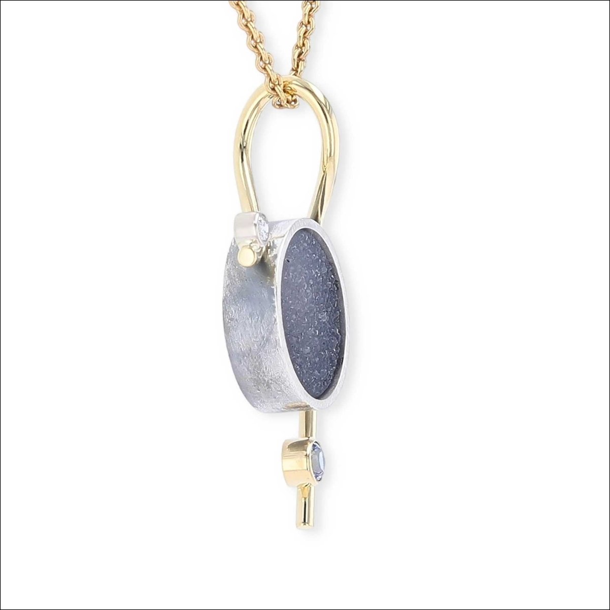 Black Druze Sapphire Diamond Pendant Sterling Silver 18KY - Jewelsmith - Durham NC - Handcrafted - Pendants