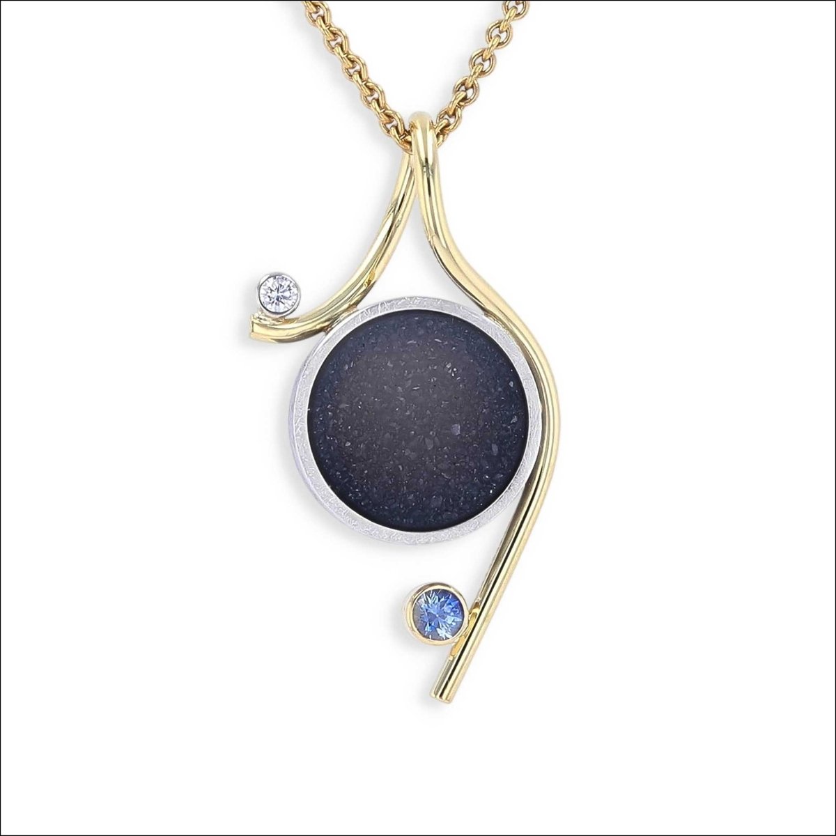 Black Druze Sapphire Diamond Pendant Sterling Silver 18KY - Jewelsmith - Durham NC - Handcrafted - Pendants