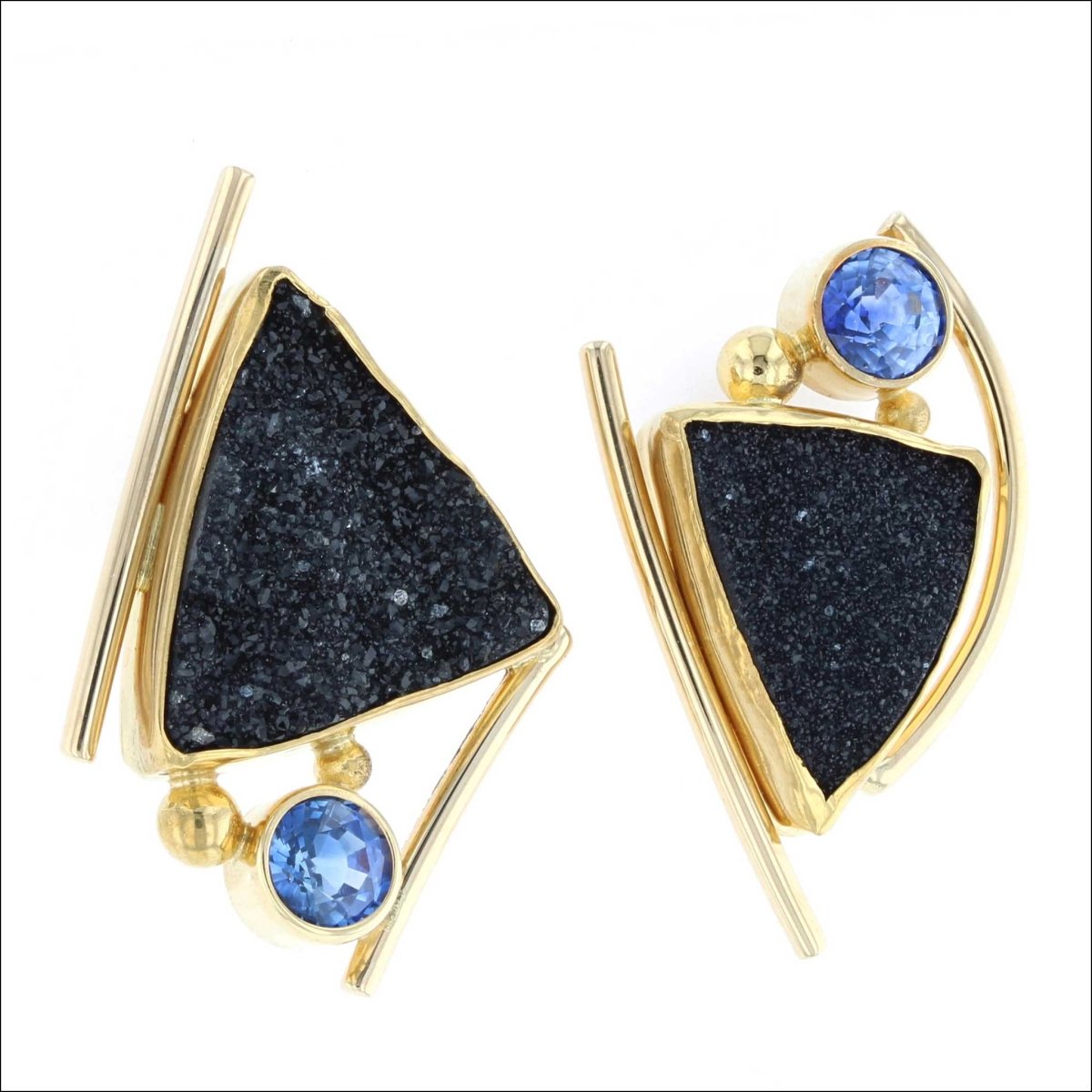 Black Druzy Sapphire Asymmetrical Stud Earrings 18KY 22KY (Consignment) - JewelsmithEarrings