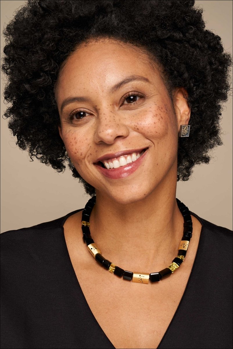 Black Tourmaline Lemon Quartz Bead Strand Necklace 18KY 17" - JewelsmithNecklaces