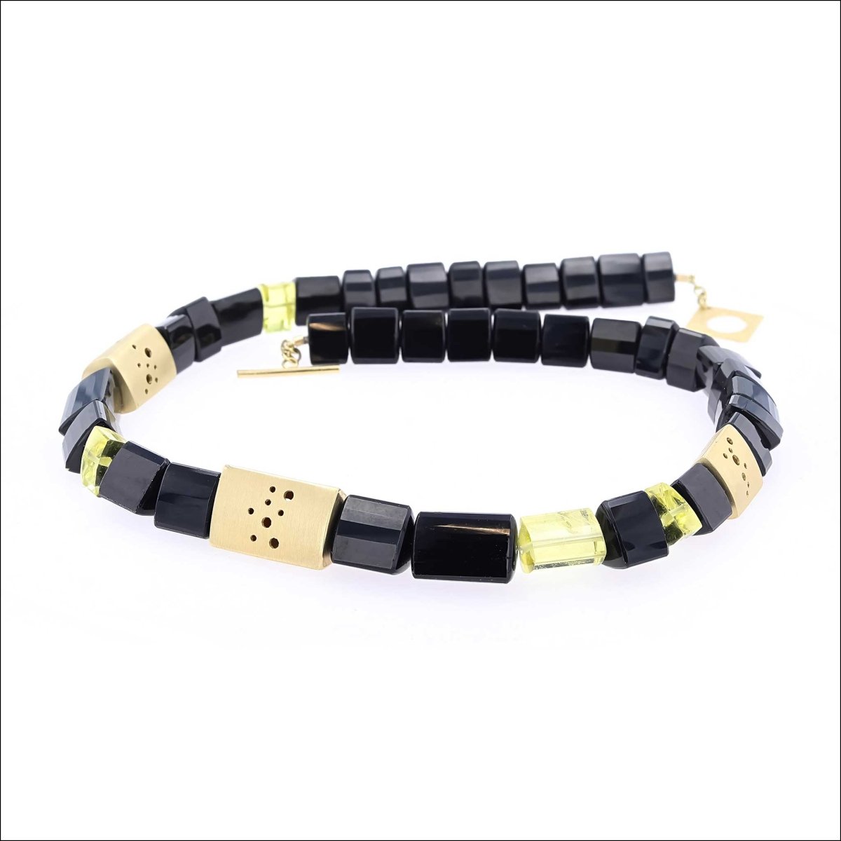 Black Tourmaline Lemon Quartz Bead Strand Necklace 18KY 17" - JewelsmithNecklaces