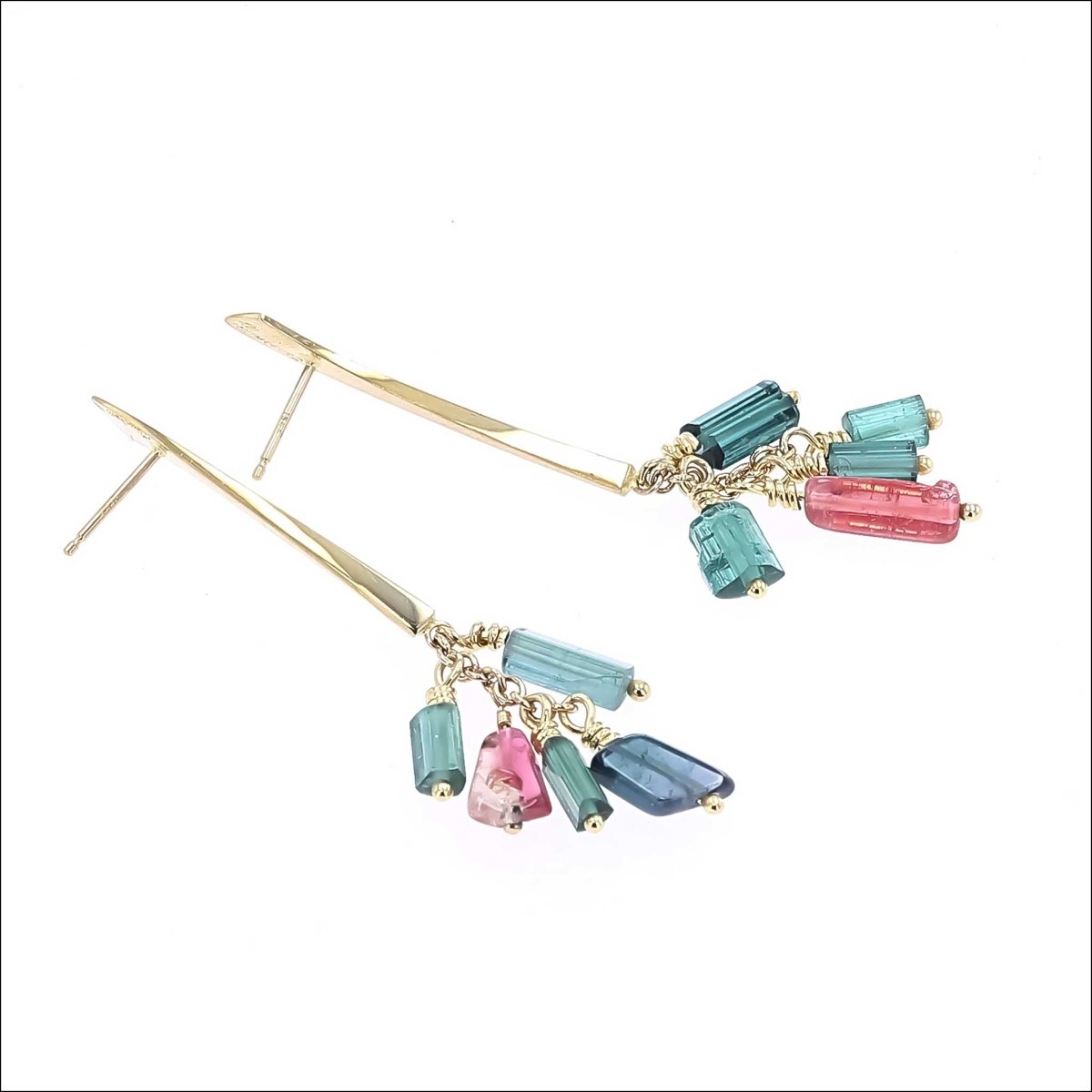 Blue Indicolite and Pink Tourmaline Forged Dangle Earrings 18KY - JewelsmithEarrings