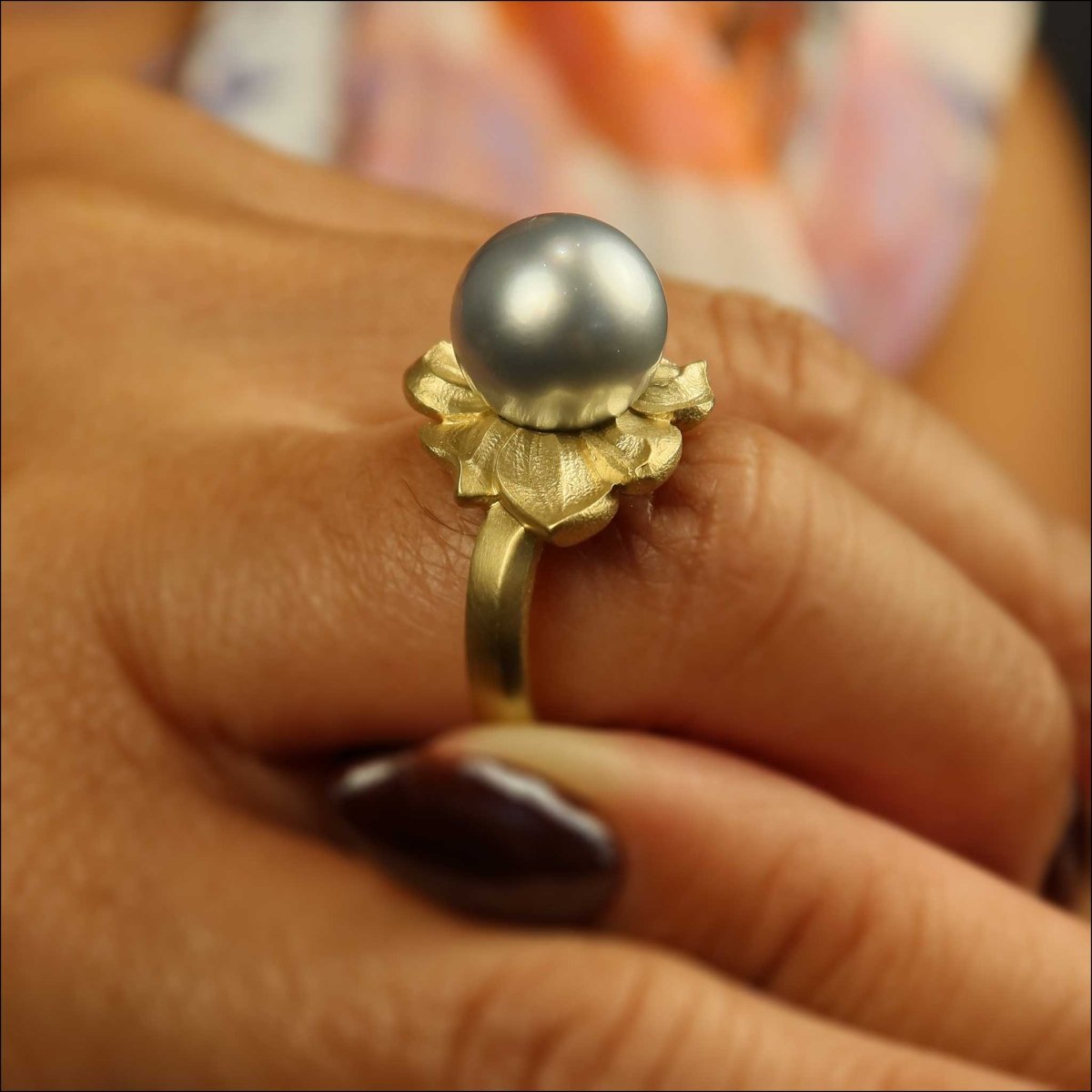 Blue Tahitian Pearl Diamond Leaf Ring 18KY - Jewelsmith - Durham NC - Handcrafted - Rings
