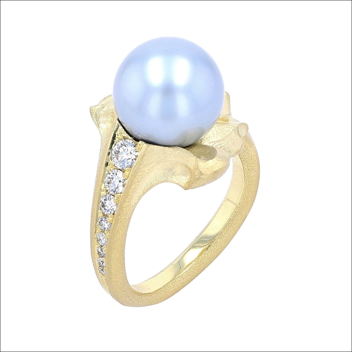 Blue Tahitian Pearl Diamond Leaf Ring 18KY - Jewelsmith - Durham NC - Handcrafted - Rings
