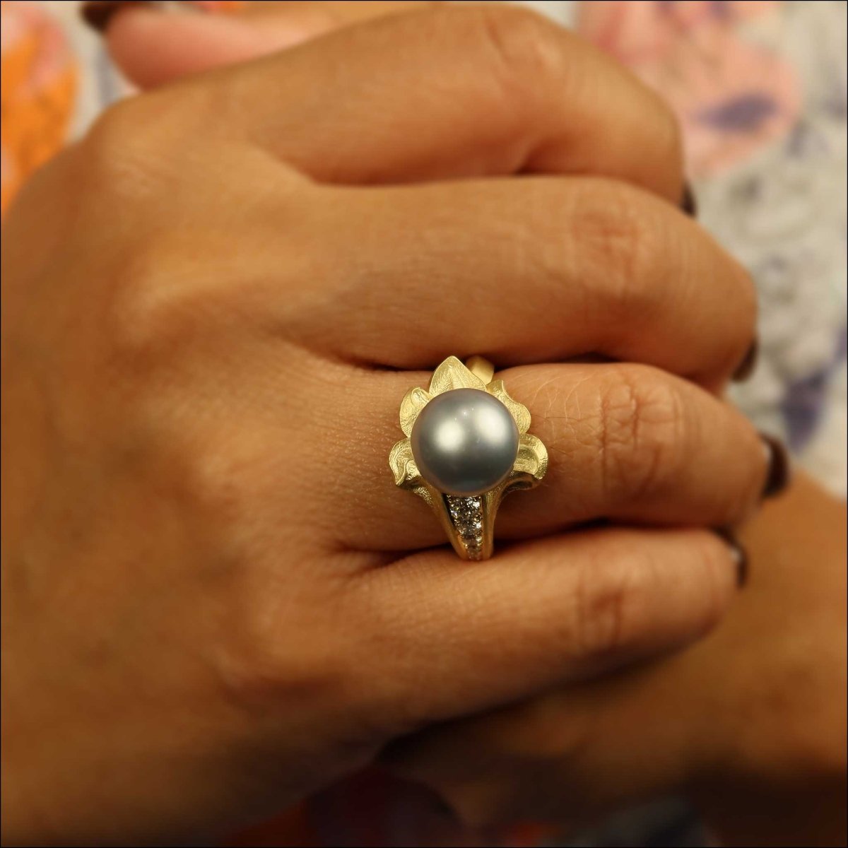 Blue Tahitian Pearl Diamond Leaf Ring 18KY - Jewelsmith - Durham NC - Handcrafted - Rings
