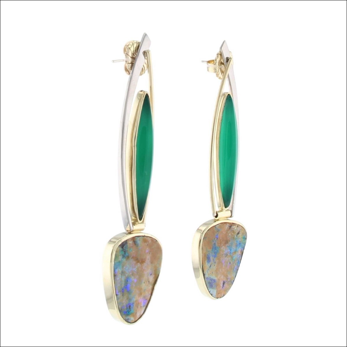 Boulder Opal Chalcedony Swinging Earrings 18KY 18KW (Consignment) - Jewelsmith - Durham NC - Handcrafted - Earrings